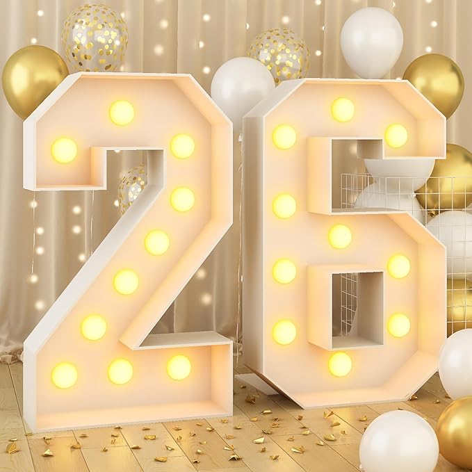 4ft Light Up Numbers 26 Number with Lights Bulbs White Marquee Frame Slots-in for 26th Birthday Party Decorations Pre-Cut Mosaic Cardboard Large Cut-Out Thick Foam Board 26 Sign Graduation New Year