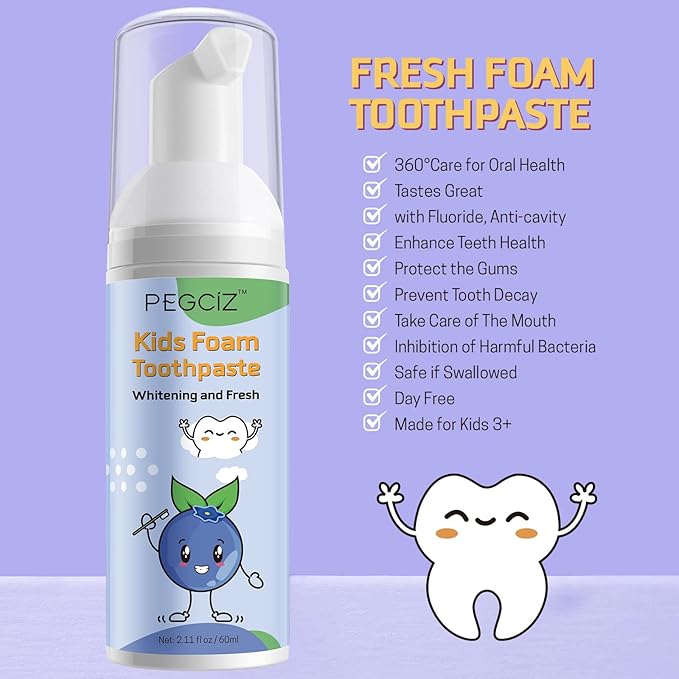 Kids Foam Toothpaste 2 Pack, Foam Toothpaste with Low Fluoride, Toddler Toothpaste for U Shaped Toothbrush Electric Toothbrush, Kids Toothpaste for Ages 3 Plus(Watermelon+Blueberry)