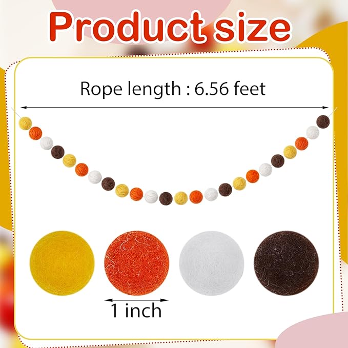Boao 2 Pieces Wool Felt Ball Garland Colorful Pom Pom Garland Handmade 6.5 Feet Long 24 Balls Felt Banner for Wall Christmas Tree Decoration (Coffee,Ivory,Orange,Yellow)