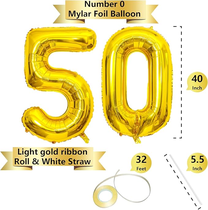 Gold Number Balloons Birthday Balloons - Giant Gold Number 50 Balloon 40 inch, Numbers Balloon 10th Birthday Decorations, Gold Party Supplies for Women Men