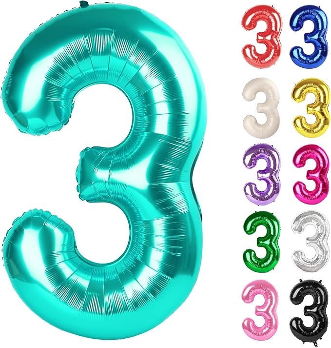 Teal Number 3 Balloon 40 Inch, 3 Balloon Number, 3rd Birthday Decorations, Teal Party Supplies for Boys Girls