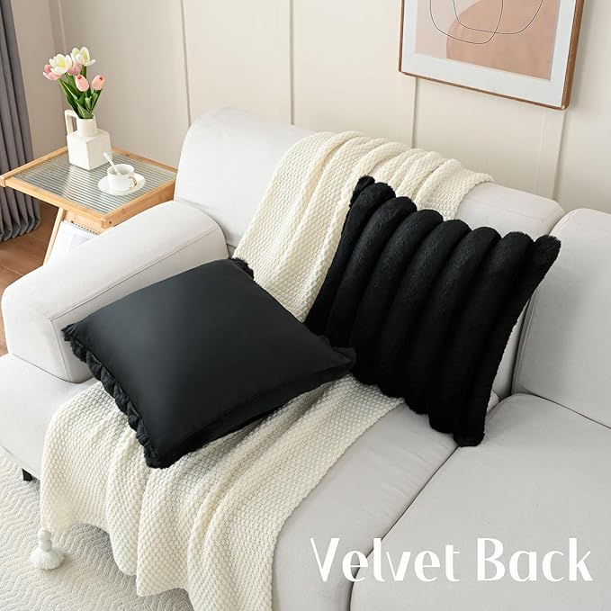 FUTEI Black Decorative Throw Pillow Covers 24x24 Inch Set of 2, Square Soft Faux Rabbit Fur Thick Striped European Cushion Covers,Winter Home Decor for Couch Bed Living Room
