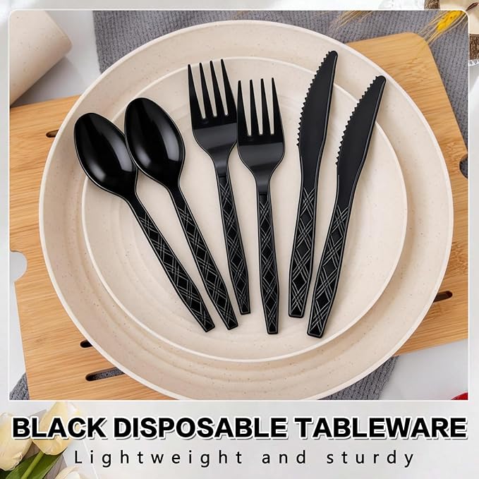 Dualshine 360-Pack Black Plastic Silverware, Disposable Cutlery Set, Plastic Forks and Spoons Knives Utensils Set (120 Each) for Restaurants, Picnics, Catering, Parties, Weddings