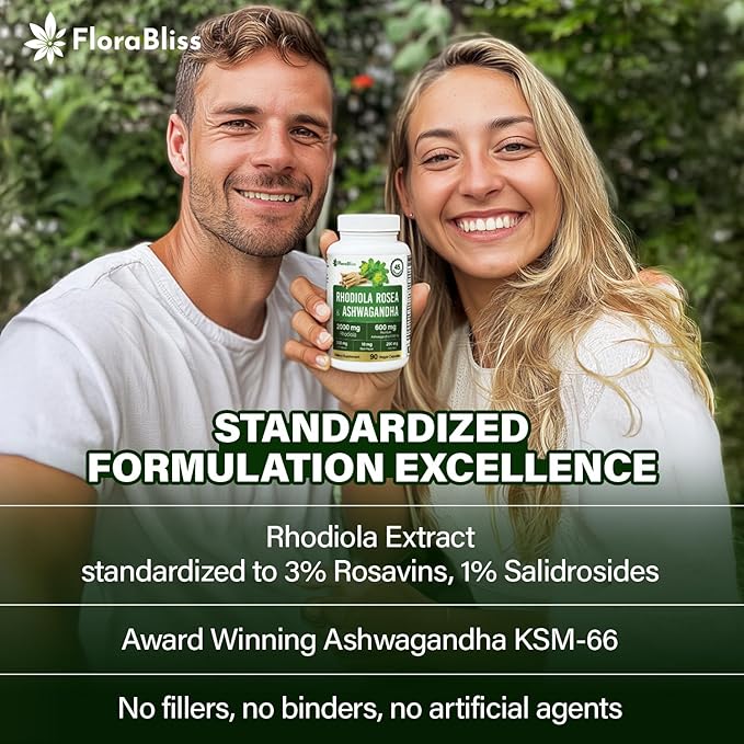 FloraBliss Rhodiola Rosea 2000mg with Ashwagandha KSM-66, L-Theanine, Holy Basil & BioPerine - 90 High Potency Vegan Capsules - Herbal Adaptogen for Energy & Wellness - No Artificial Additives