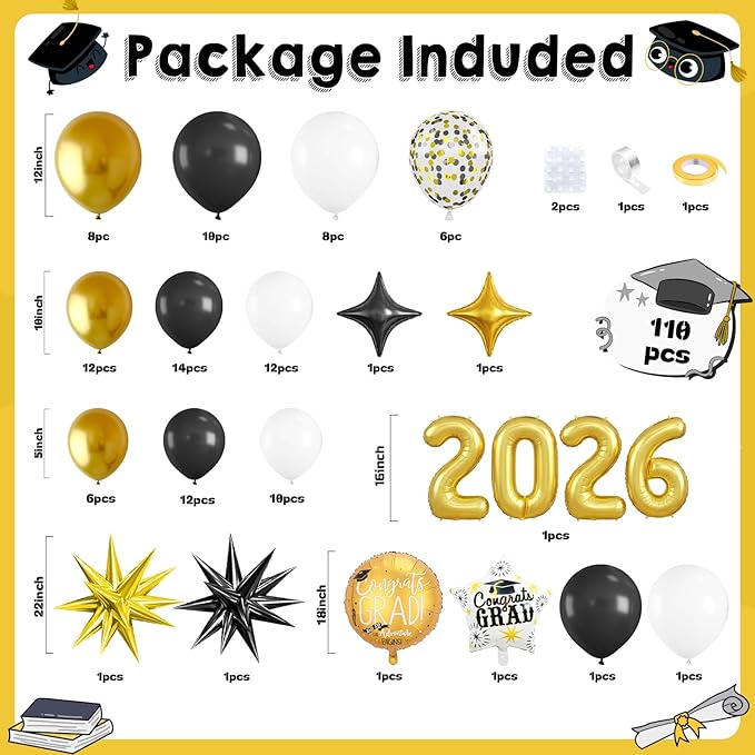 Gold and Black Graduation Balloon Arch Kit 2026, Gold Number 2026 Balloons confetti with Explosion Star Round Congrats Grad Foil Balloon for College High School Class of 2026 Graduation Decorations