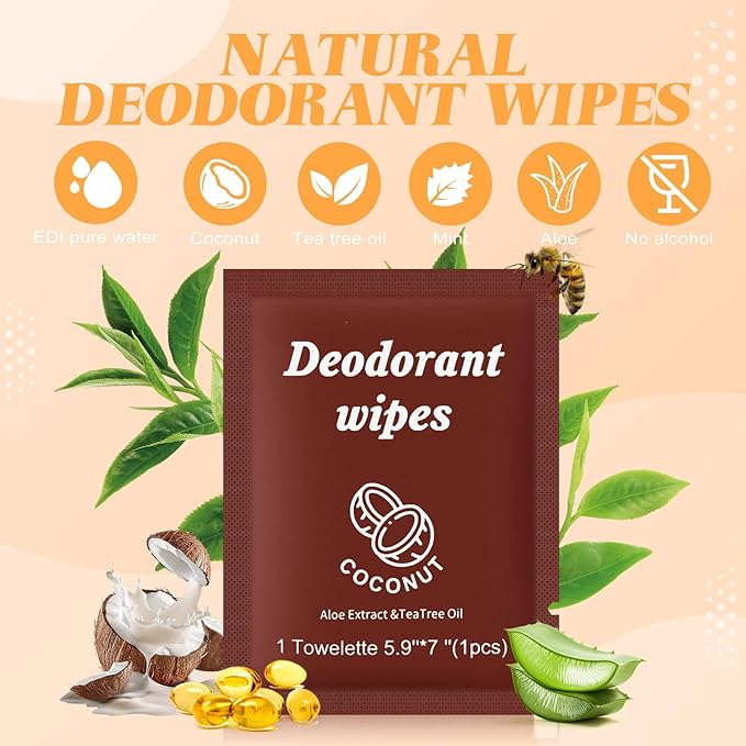 Travel Deodorant Wipes Individually Wrapped,Body Wipes to Clean Skin for Women Men（Coconut,pack of 100)