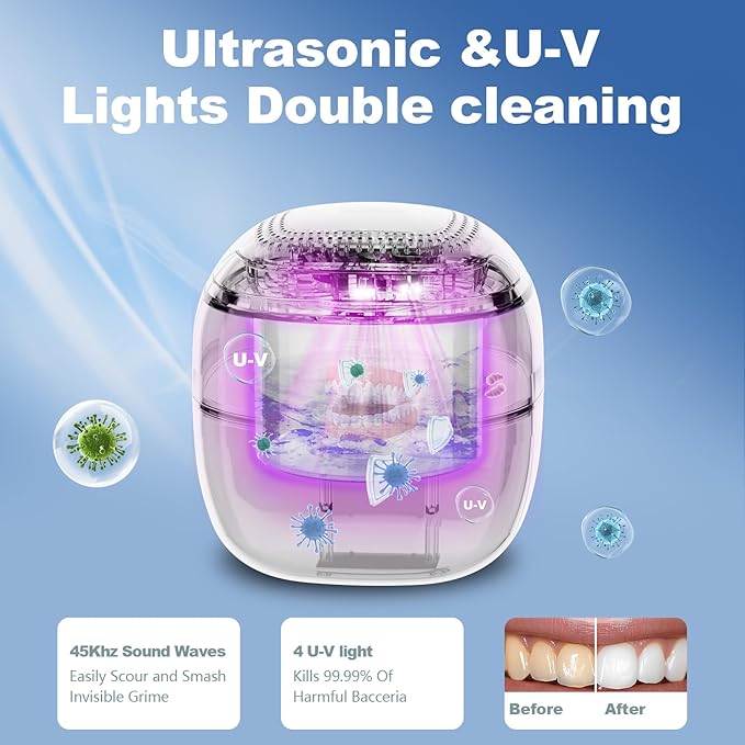 Retainer Cleaner ultrasonic，45kHz 180ml ultrasonic cleaner, cleaning and drying functions with Digital Timer，Retainer Cleaner Machine for Dentures, Mouth Guards, Braces, Jewelry (white)