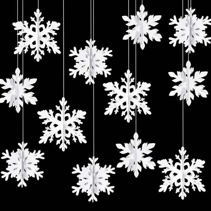 Snowflake Snow-White Christmas Party-Decorations Garland - 12Pcs 3D Winter Wonderland Frozen Hanging Streamers Banner,Baby Bridal Shower Birthday Wedding Classroom Decor Supplies Hugtmr