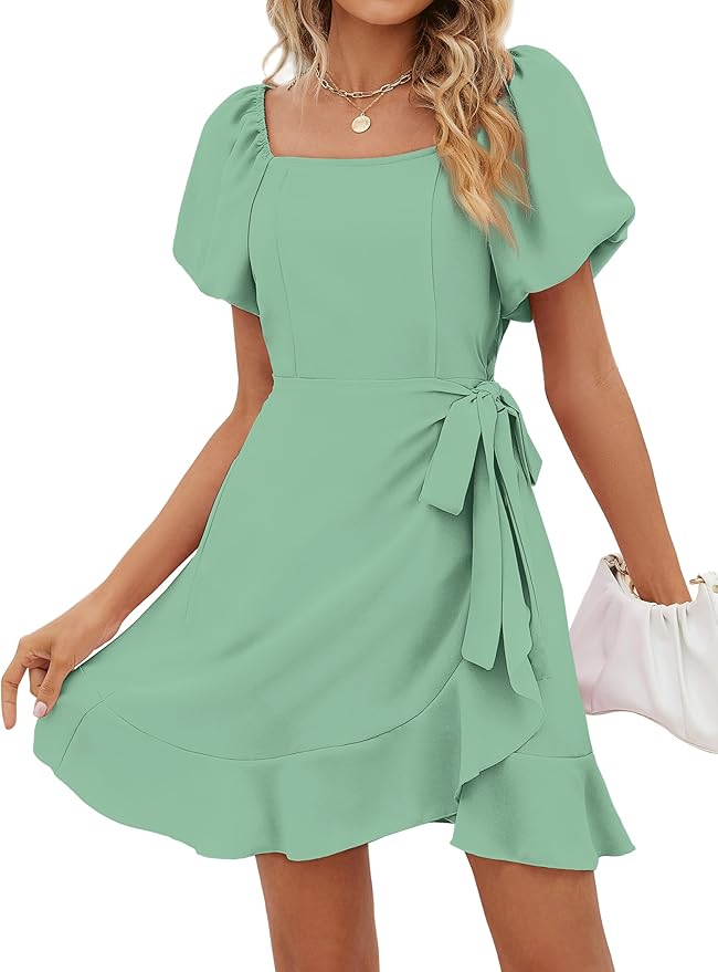 Sampeel Womens Summer Dresses Square Neck Puff Sleeve Tie Waist Short Dress