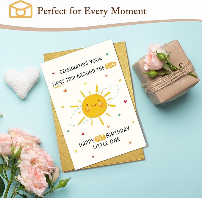 Qiliji First Birthday Card for Baby Boy or Girl, Happy 1st Birthday Card for Daughter Son Granddaughter Grandson Niece Nephew, Celebrating Your First Trip Around the Sun Little One