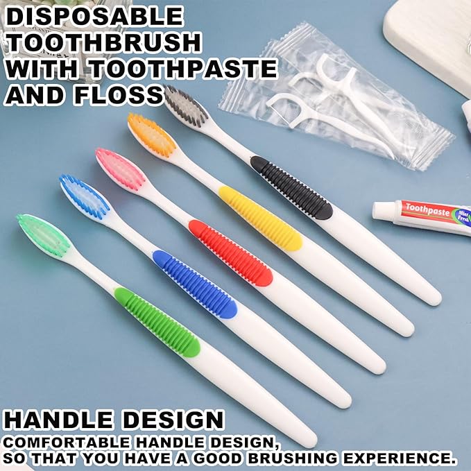 HAIFOTRVA Disposable Toothbrushes with Toothpaste and Floss,100pcs Single Use Individually Wrapped Disposable Travel Toothbrushes and Dental Floss Kit Bulk for Homeless,Airbnb,Dentist,Hotel(5 Colors)
