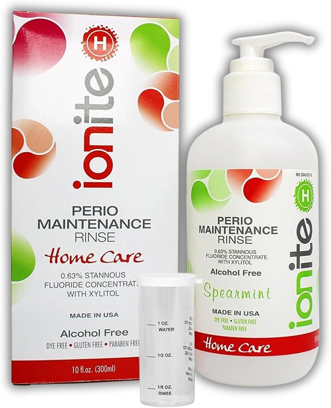 Ionite-H Home Care - Periodontal 0.63% Stannous Fluoride Mouthwash for Oral Treatment - Perio Maintenance Flouride Rinse Mouthwash - with Mixing Cup/Shaker and Dispensing Pump (10 Fl oz, Spearmint)