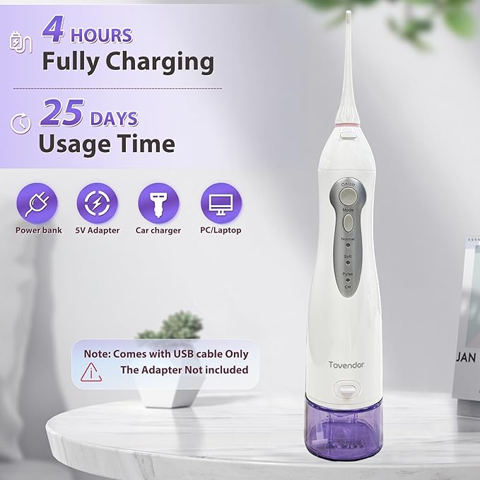 TOVENDOR Electric Water Dental Flosser Teeth Pick, Cordless Flossers Oral Irrigator IPX7 Waterproof 300ML Rechargeable Travel Water Teeth Cleaner with 5 Tips for Home Braces Care Gums Deep Cleaning