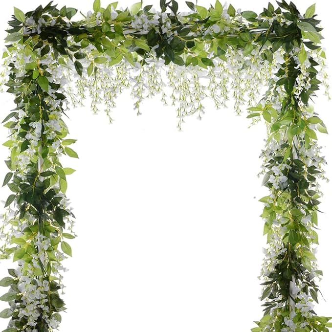 CLONG 5pack Wisteria Garland Flower Garland Artificial Flowers Wisteria Vines Fake Ivy Flowers Total 33ft (White)