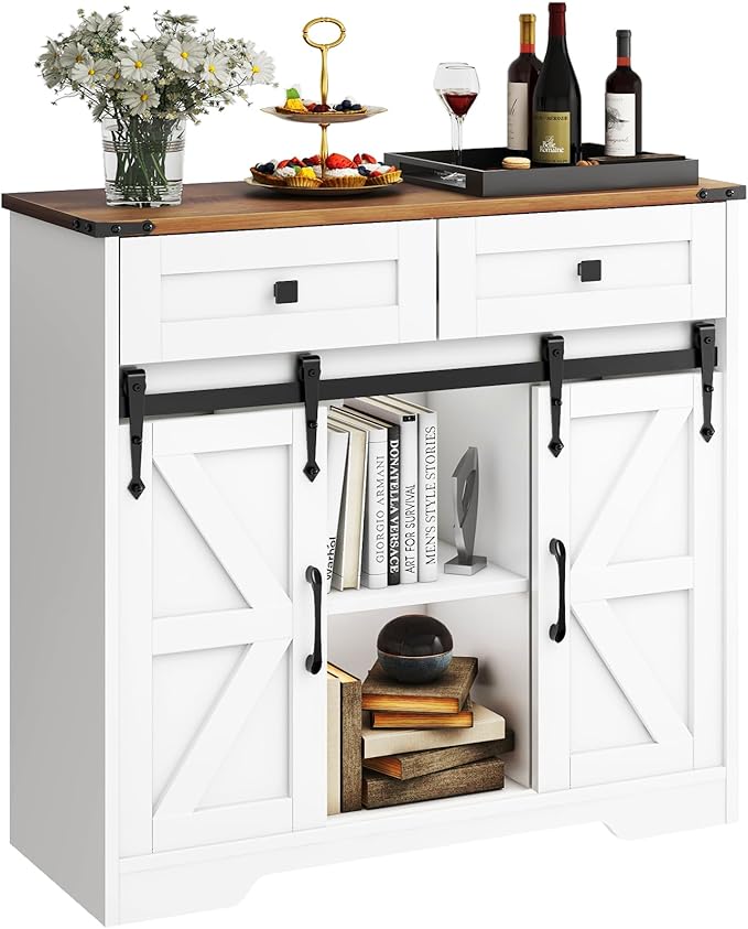 Vabches Bathroom Floor Cabinet, Farmhouse Storage Cabinet with Sliding Barn Door and Storage Drawers, White Buffet Cabinet with Adjustable Shelves for Bathroom, Kitchen, Entrance Area, Living Room
