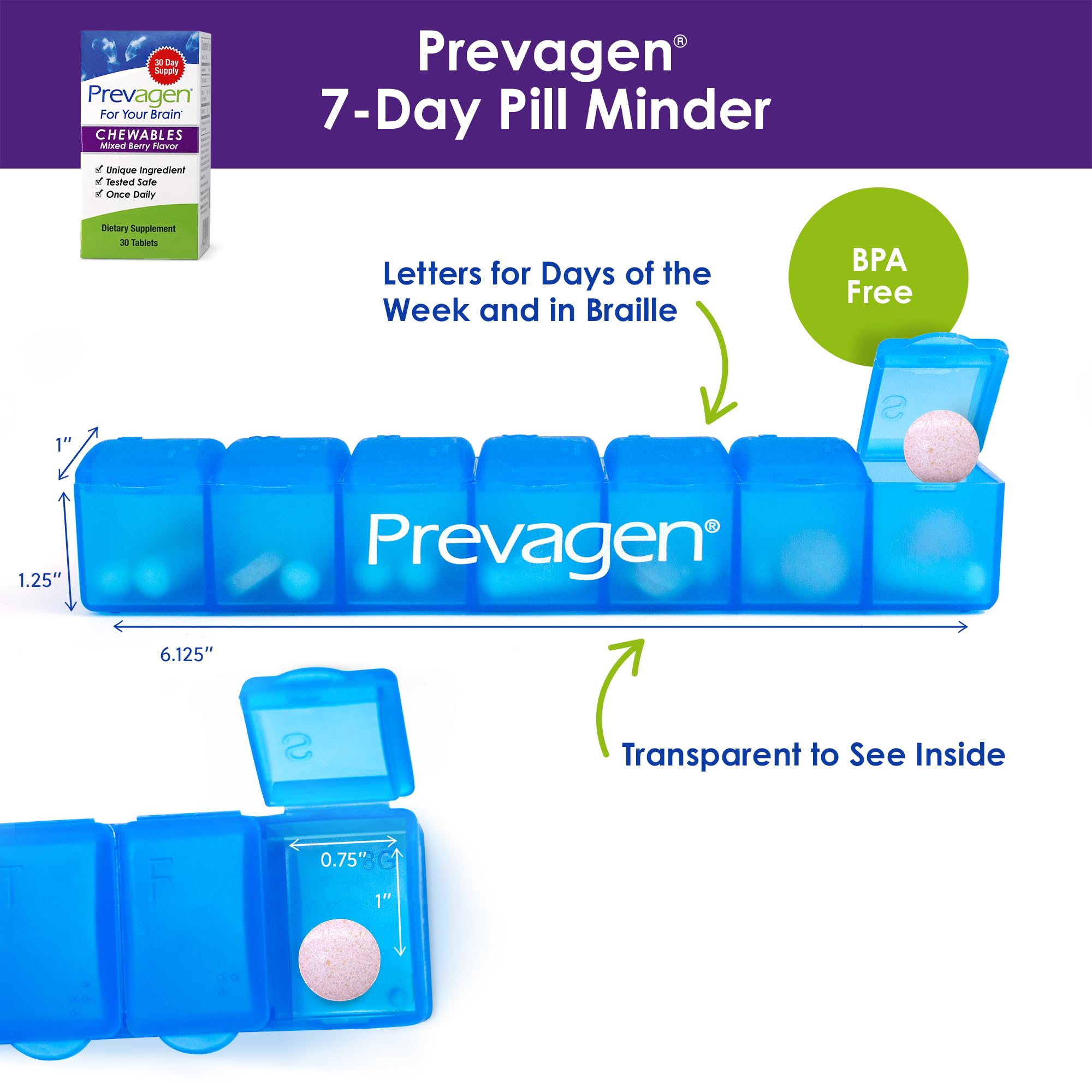 Prevagen Regular Strength Mixed Berry Chewables - 30 Tablets (1 Month Supply) | Formulated for Your Brain | 10mg of Apoaequorin Plus Vitamin D3 with 7-Day Pill Minder