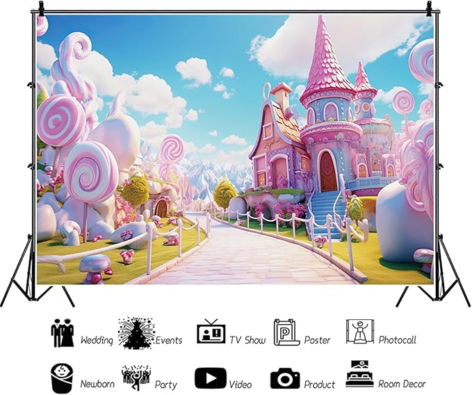 15x10ft Candyland Backdrop Pink Sweet Candy Castle Fairy Tale Photography Background for Girls Princess Birthday Baby Shower Party Decorations Kids Portraits Banner Photo Studio Props