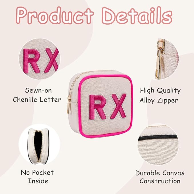 2Pcs Small Canvas Rx MEDS Medicine Packages, Cute Chenille Letter Patch Drug Makeup Bag with Metal Zipper, Mini Travel First Aid Purse Organizer Machine Washable (06 2pcs Hot Pink)