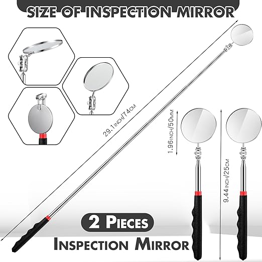 2 Pcs Telescoping Inspection Mirrors, Mechanics Mirror Tool with Long Handle, Round Extendable Mirror on a Stick for Technicians Mechanics Contractors Checking Observation (50mm,Black)