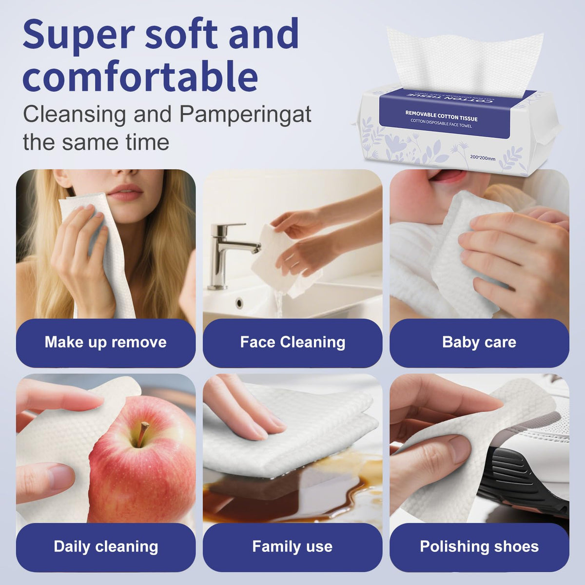 Soft Dry Wipe 6 Pack, 100% Cotton Face Tissues, Lint Free Facial Cleansing Towels, Extra Thick Dry and Wet Use for Cleansing,Sensitive Skin, Makeup Removing, Surface Cleaning