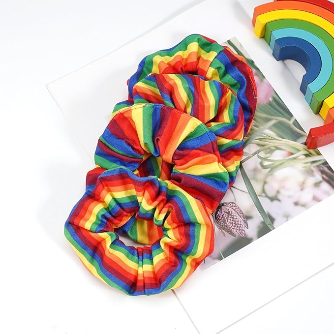 Rainbow Hair Scrunchies Elastic Pride Hair Ties for Women Girls Colorful Striped Hair Tie Rainbow Ponytail Holder Cute Hair Ring Hair Accessories