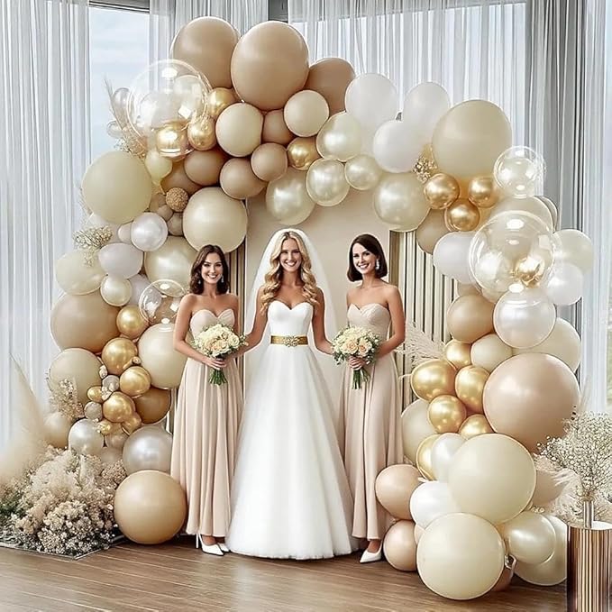 White Sand Gold Balloon Garland, Double Stuffed Pearl White Gold Cream Beige Balloons Clear Bobo Latex Balloon Arch Kit for Wedding Bridal Shower Birthday Baby Shower Gender Reveal Party Decorations