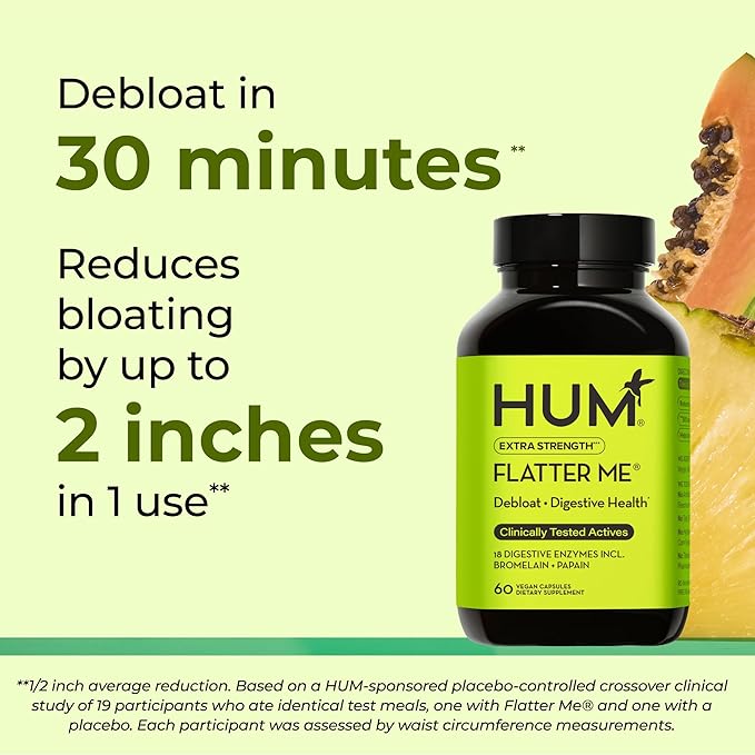 HUM Flatter Me Extra Strength Digestive Enzymes for Women, Men, Digestive Gut Bloating Supplement, Ginger, Peppermint Leaf, Fast Acting Anti Bloat Pills Multi Enzyme for Debloating, 60 Capsules
