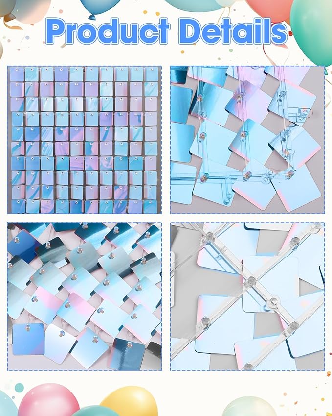Iridescent Blue Shimmer Wall Backdrop 24 Panels Cover 6 x 4 Ft, Photo Backdrops for Wedding,Anniversary,Birthday,Party Decoration