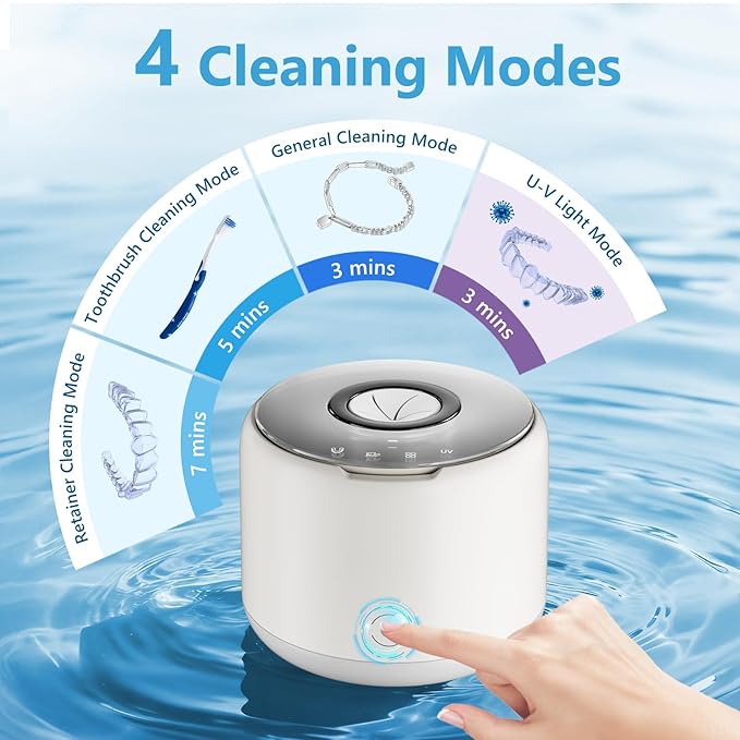 Rechargeable Ultrasonic Retainer Cleaner Machine, 46kHz Portable Dental Cleaning Pod for Night Mouth Guards, Braces, Jewelry, Aligner- 2500mAh Battery for Travel & Home