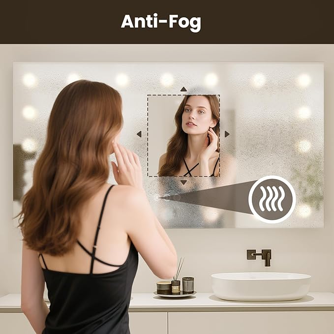 WTTY LED Bathroom Mirror with Lights 60"x30" Hollywood Wall-Mounted Mirror with 3 Color Temperatures, Stepless Dimmable Bulbs, Anti-Fog & Shatter-Proof