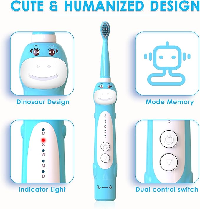 Dinosaur Toothbrush, Kids Sonic Electric Toothbrush for Children, Toddlers Boys Girls Age 3-12 with 30s Reminder, 2 Mins Timer, 5 Modes, 8 Brush Heads