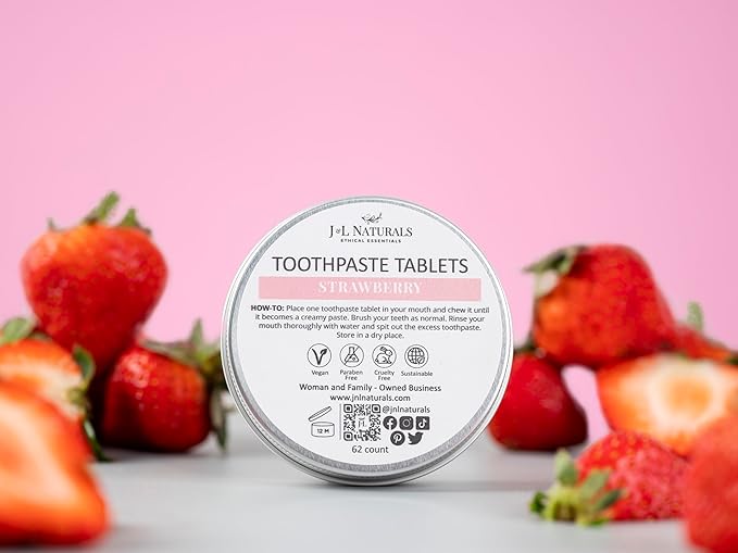 J&L Naturals Toothpaste Tablets | 62-Pack Travel-Friendly Toothpaste | Fluoride + Plastic Free, Vegan, Cruelty Free, Sustainable | Woman-Owned Small Business (Strawberry, 62 Count (Pack of 1))