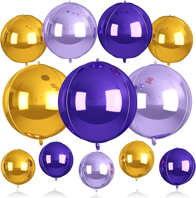 12Pcs Purple and Gold Round Balloons Foil, 22" 18" 15" 10" 4D Round Shaped Ball Balloon, Large Gold Dark Light Purple Metallic Balloons for Graduation Wedding Prom Birthday Party Decorations Backdrop