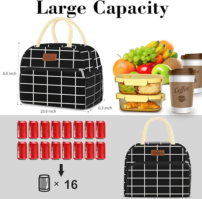 Coobiiya Lunch Bag Women, Lunch Box for Women Adult Men, Small Leakproof Cute Lunch Tote Large Capacity Reusable Insulated Cooler Lunch Container for Work/Office/Picnic/Travel-Black Plaid