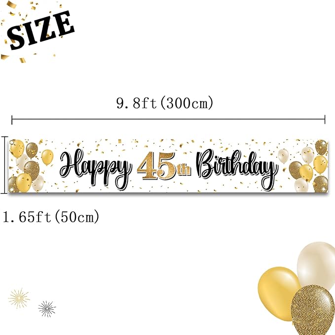 Happy 45th Birthday Decorations,45th Gold Balloon Large Birthday Hanging Banner Sign,45 Years Old Bday Party Supplies.