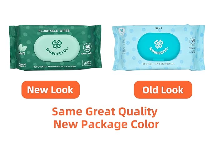 WONDERFUL Flushable Wipes, Mint 100% Plant-Based Wet Wipes for Adults & Kids, Sewer & Septic Safe, Gentle for Sensitive Skin, Wipes Flushable Pack for Bathroom & Travel, 3-Pack (180 Counts)