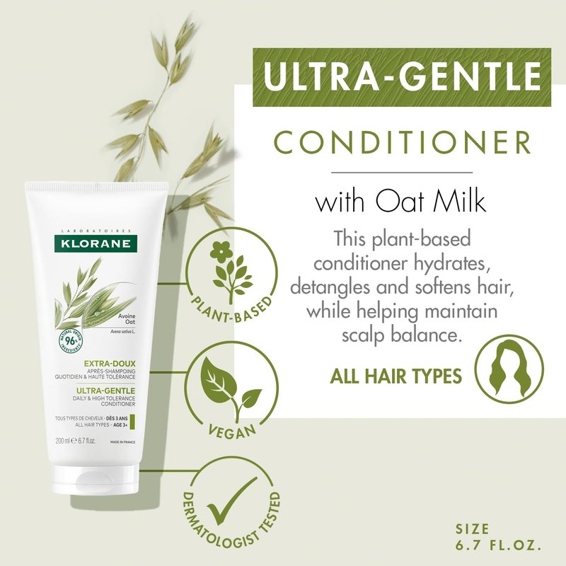 Klorane Ultra-Gentle Conditioner with Oat Milk - Sulfate-Free - Dermatologist and Pediatric Tested - Hypoallergenic, Vegan, Plant-Based Formula - High Tolerance Formula for Whole Family - 6.7 fl. oz.