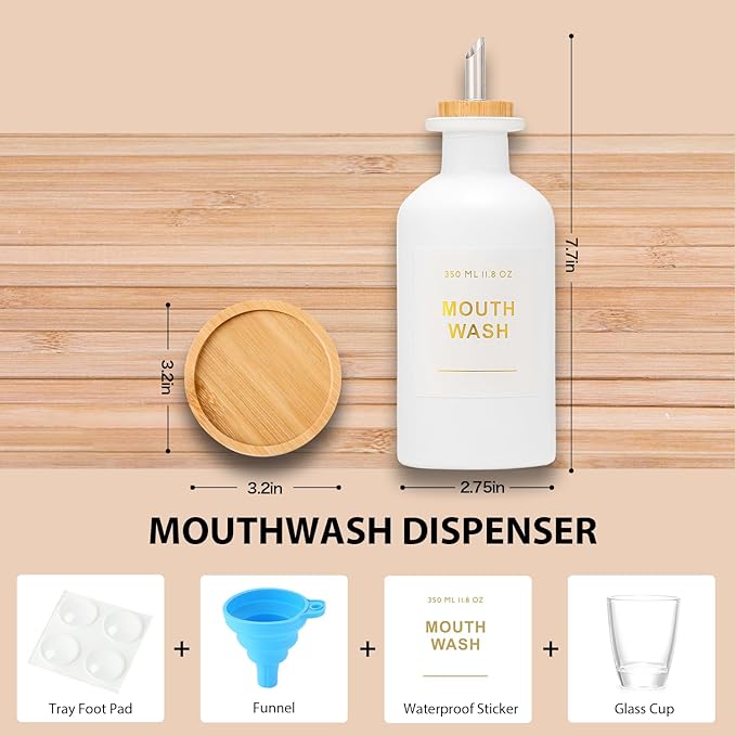11.8OZ Mouthwash Dispenser for Bathroom with Bamboo & Stainless Steel Pour Spout, Mouthwash Cup Reusable, Bamboo Tray, and Elegant Gold Label. （White