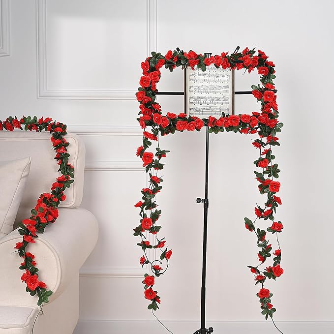 MARTINE MALL Rose Flower Garland, 5 Strands 41Ft Vines for Room Decor, Red Rose Floral Garland for Birthday, Wedding & Party