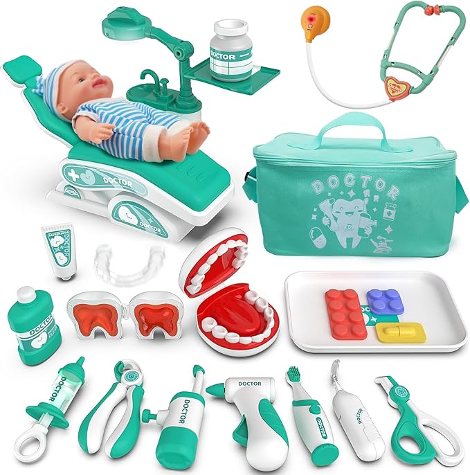 Toy Doctor Kit for Toddlers, Kids Dentist Play Set with Dentist Chair, Doll Toy, Stethoscope, Large Carrying Storage Bag, Dental Accessories, Pretend Doctor Play Medical Gift for Boys Girls(Green)