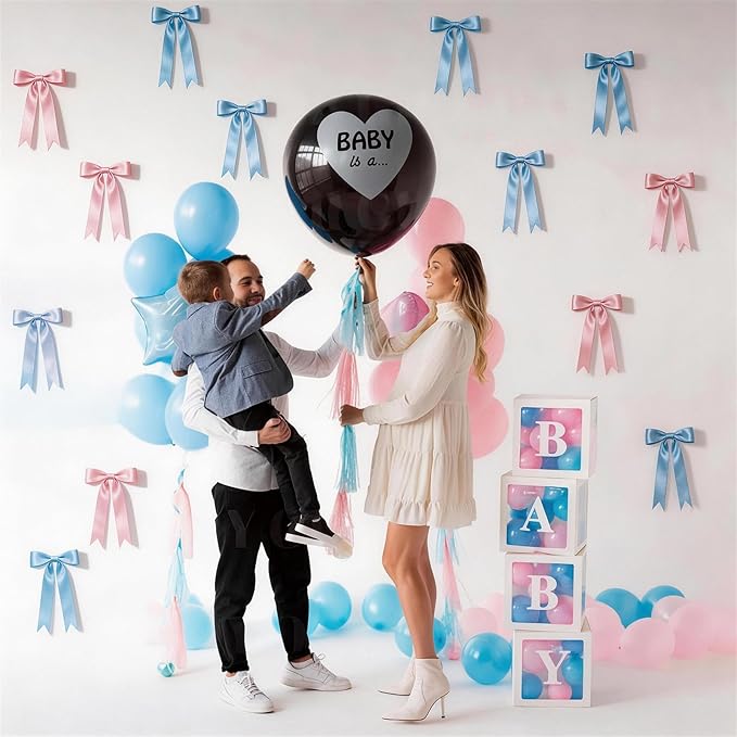 2 Strings Baby Pink & Blue Bow Garland Banner Decorations, 16Pcs Pre-Strung Satin Ribbon with 6.7ft Chain for Pink Blue Ribbon Bow Banner Coquette Room Birthday Baby Shower Gender Reveal Party Decor