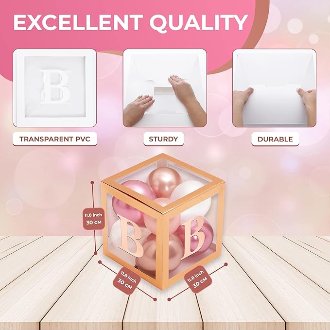 Baby Shower Decorations – Rose Gold Baby Shower Boxes with Letters, Baby Blocks with Rose Gold, Pink, and White Balloons – 44-Piece Party Set for Boys and Girls by Vellax®