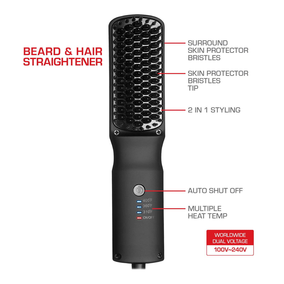 Red by Kiss 2-in-1 Ionic Hair Straightener Brush with Ceramic Coating, Adjustable Temp, Auto Shut Off, Skin Protector Bristles & 360° Swivel Cord, Smooth & Style in Few Strokes