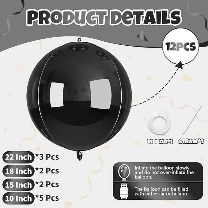 12 Pcs Black Foil Balloons, 22" 15" 10" 4D Round Ball Shape Balloons, Different Size Metallic Black Balloons for Graduation Birthday Wedding Baby Shower Prom Disco Party decorations Backdrop