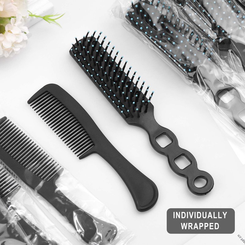 Gisdo 50 Pcs Hair Brush Combs Set in Bulk for Homeless Individually Wrapped Curly Thick Long Smoothing Hair Brush Detangling Hairbrush for Women Kids Hotel Homeless Nursing Charity (Black)
