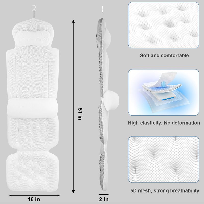 Luxury Full Body Bath Pillow for Bathtub - Bath Pillows Mat & Cushion for Bathtub Headrest Neck Shoulder Support White