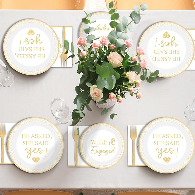 200Pcs Happy Engagement Party Supplies Engagement Paper Plates Napkins She Said Yes Party Tableware Set She Said Yes Disposable Dinnerware for Wedding Birthday Bridal Shower Decoration Serve 50