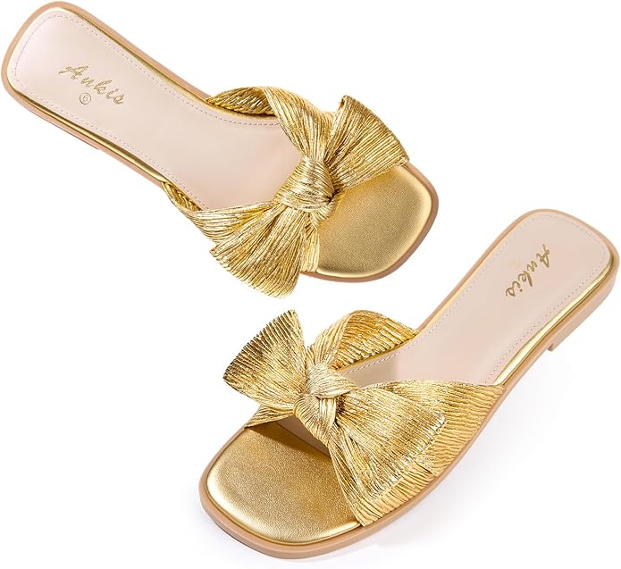 Ankis Womens Pleated Bow Flat Sandals White Gold Sandals for Women 2026 Dressy, Comfortable Open Toe Dress Sandals for Summer Beach Wedding Party Graduation Slip On Slides Sandals