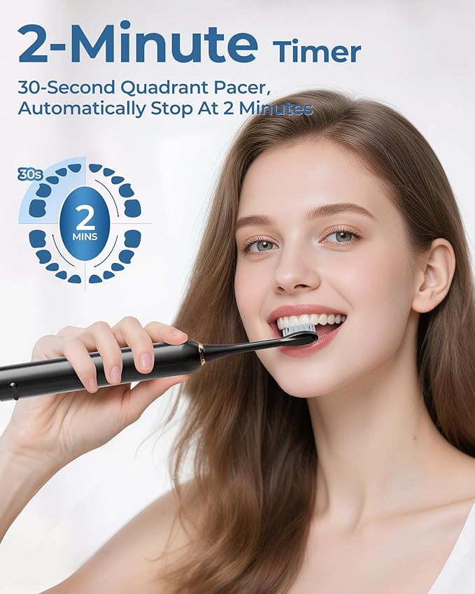 Black Electric Toothbrushes, with 8 Brush Heads, 1 Travel Toothbrush Case, for Adults and Kid Electric Toothbrush, Long 180-Day Battery Life, 6 Modes, IPX7 Waterproof, Smart 2-Minute Timer.