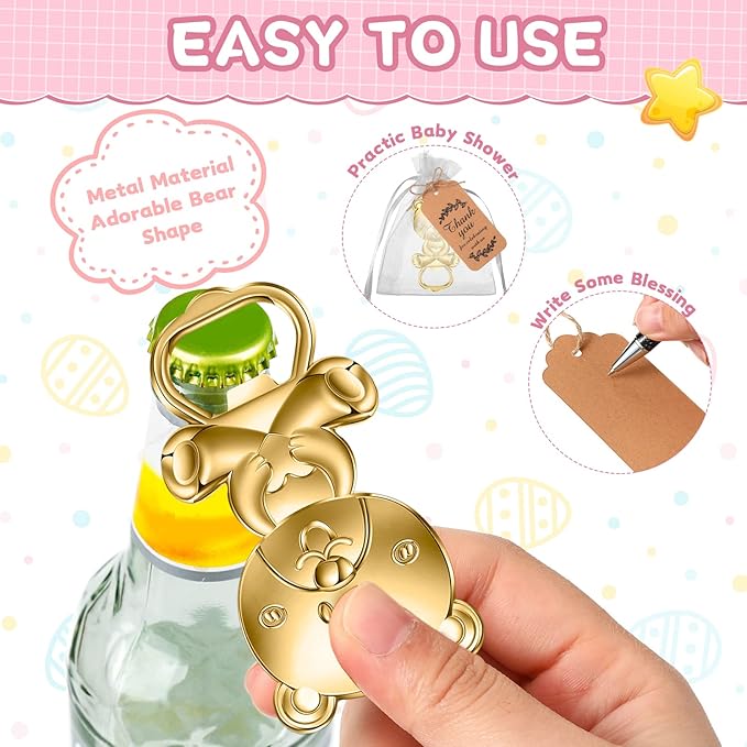 CHENGU Popping Bottle Openers Baby Shower Return Favors for Guests Bottle Opener Decorations and Souvenirs with Organza Bags Thank You Tags for Theme Party Favors (Bear Style,73 Pieces)